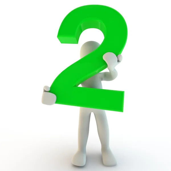 3D human character holding green number 2 — Stock Photo, Image