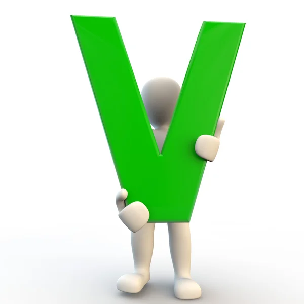 Personaje humano 3D sosteniendo la letra verde V —  Fotos de Stock