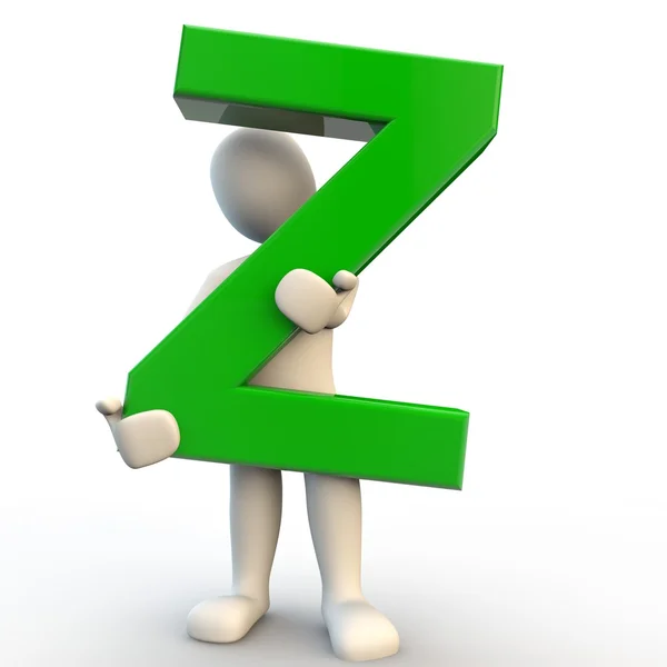 3D людський персонаж тримає зелену літеру Z — стокове фото