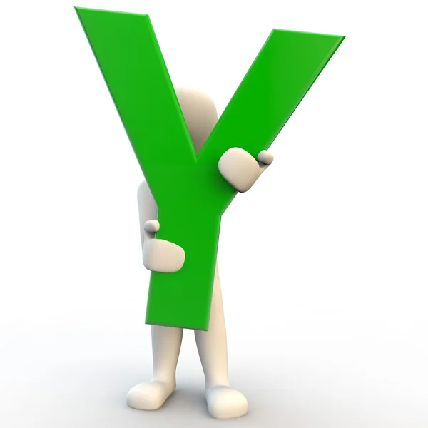 3D human character holding green letter Y — Stock Photo, Image