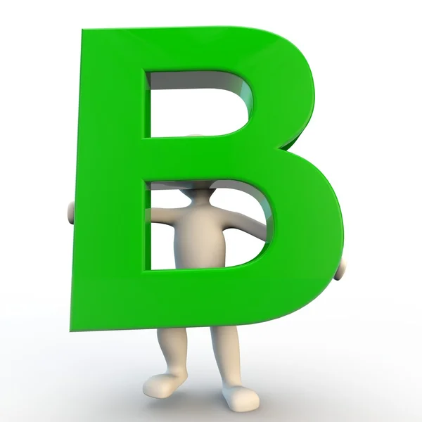 3D human character holding green letter B` Stockbild