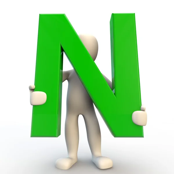 3D mänskliga karaktären holding grön bokstav n Stockbild