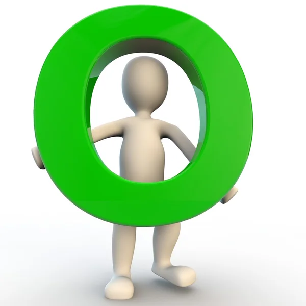 3D mänskliga karaktären holding grön bokstaven o Stockbild