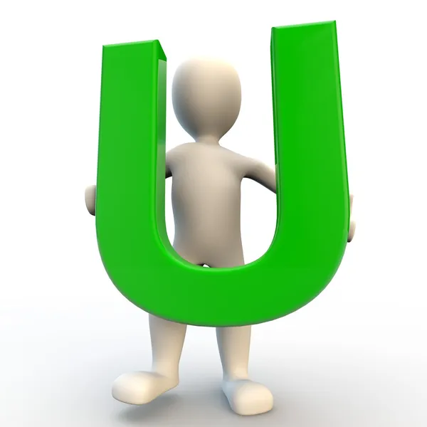 3D mänskliga karaktären holding grön bokstaven u Royaltyfria Stockbilder