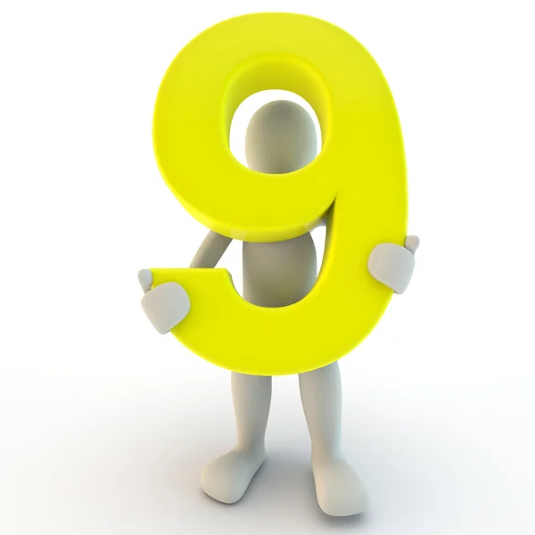 3D Human character holding yellow number nine, small — Stock Photo, Image