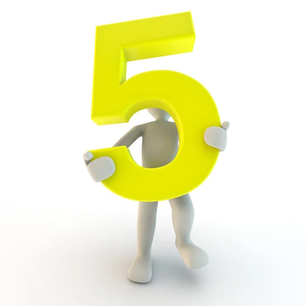 3D Human character holding yellow number five, small — Stock Photo, Image