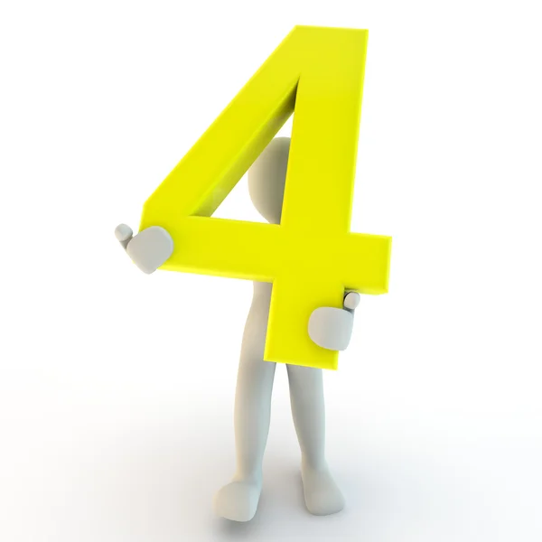 3D Human character holding yellow number four, small — Stock Photo, Image