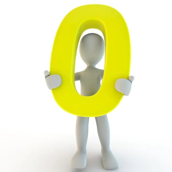 3D lidská postava drží žluté číslo nula, malé — Stock fotografie