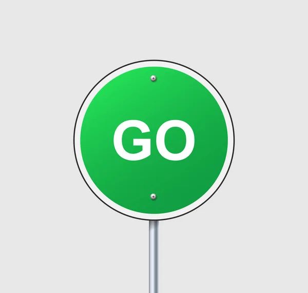 Ulice zelená značka jít. Kulatý varovný symbol na tyči — Stockový vektor