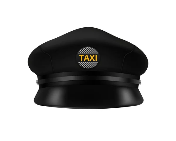 Taxi drivers cap moskup. Black realistic chauffeur hat with yellow taxi logo — Vetor de Stock