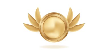 Kanat desenli altın amblem. Yan taraflarında tüyler olan yuvarlak sarı boş disk ödüller ve vektör sunumları için lüks dekorasyonlar