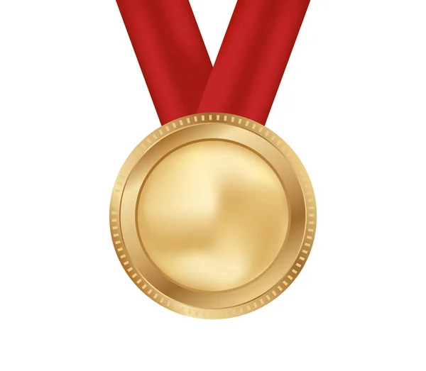 Medalla Oro Plantilla Cinta Roja Símbolo Premio Ganador Redondo Con — Vector de stock