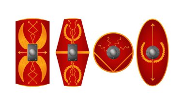 Roman antique shields set. Red hand geometric plates for protection of medieval foot soldiers with golden traditional vector tracery clipart