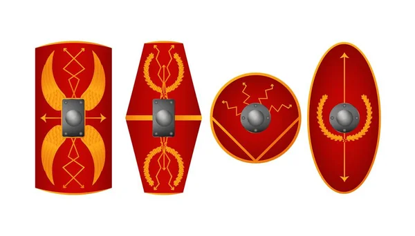 Roman Antique Shields Set Red Hand Geometric Plates Protection Medieval — Vector de stock