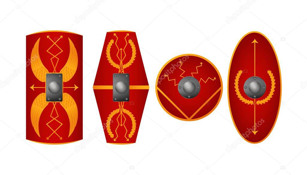 Roman antique shields set. Red hand geometric plates for protection of medieval foot soldiers with golden traditional vector tracery