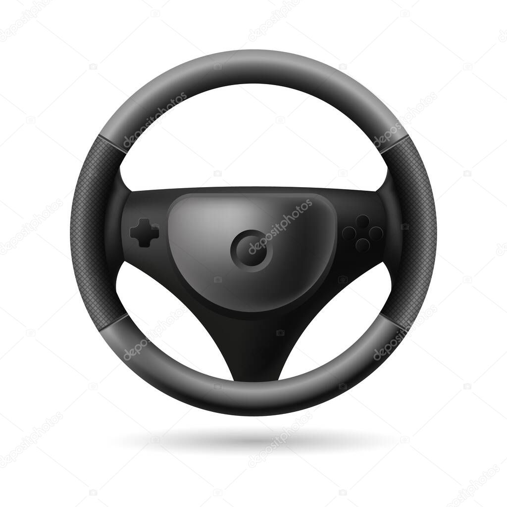 Car steering wheel template. Gray metal circle for comfortable driving with mesh black inserts and modern vector design