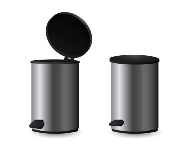 Çöp kutusunu aç ve kapat. Siyah kapaklı metal kap ve vektör atıklarını toplamak ve dağıtmak için pedal