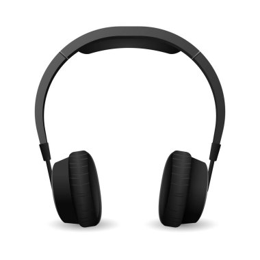 Modern gerçekçi kulaklıklar. Müzik dinlemek ve oyun vektörü eğlendirmek için kulaklıklı siyah kulaklıklı yumuşak diskler.