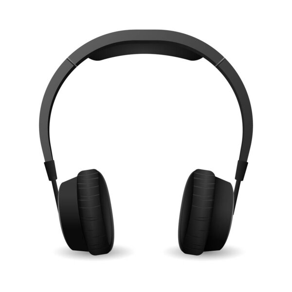 Modern realistic headphones. Black stylish headset with headphone soft discs for stereo music listening and gaming vector entertainment