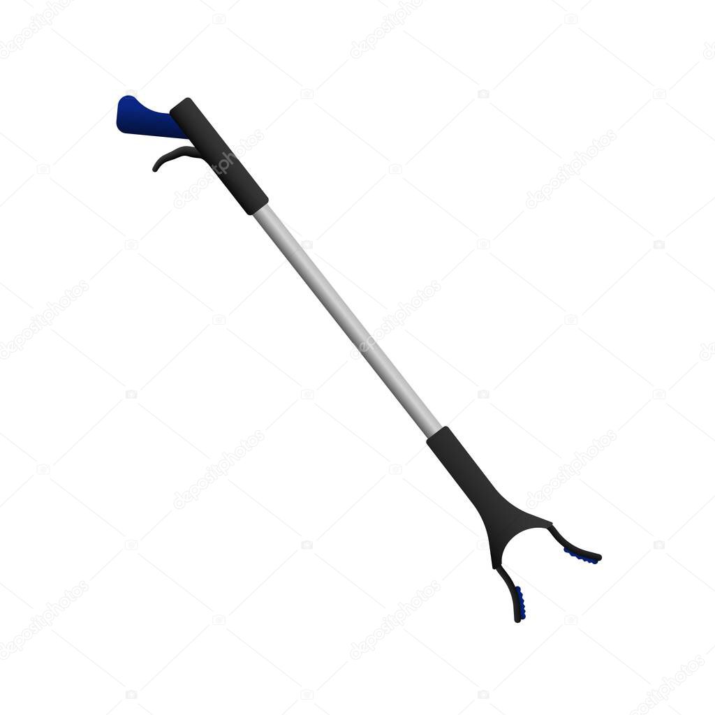 Modern stick grabber. Aluminum device with blue automatic handle and tongs for collecting garbage from street and vector yard