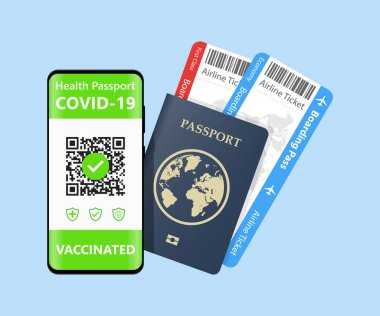  Electronic COVID-19 immunity passport. Digital vaccine certificate with Qr code. The vaccinated person using QR code on mobile phone for safe travelling during the pandemic. Air tickets, boarding 