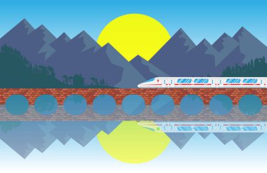 Modern electric high-speed train. Railroad travel and railway tourism. Subway or metro streamlined fast train transport over lake landscape mountain sun