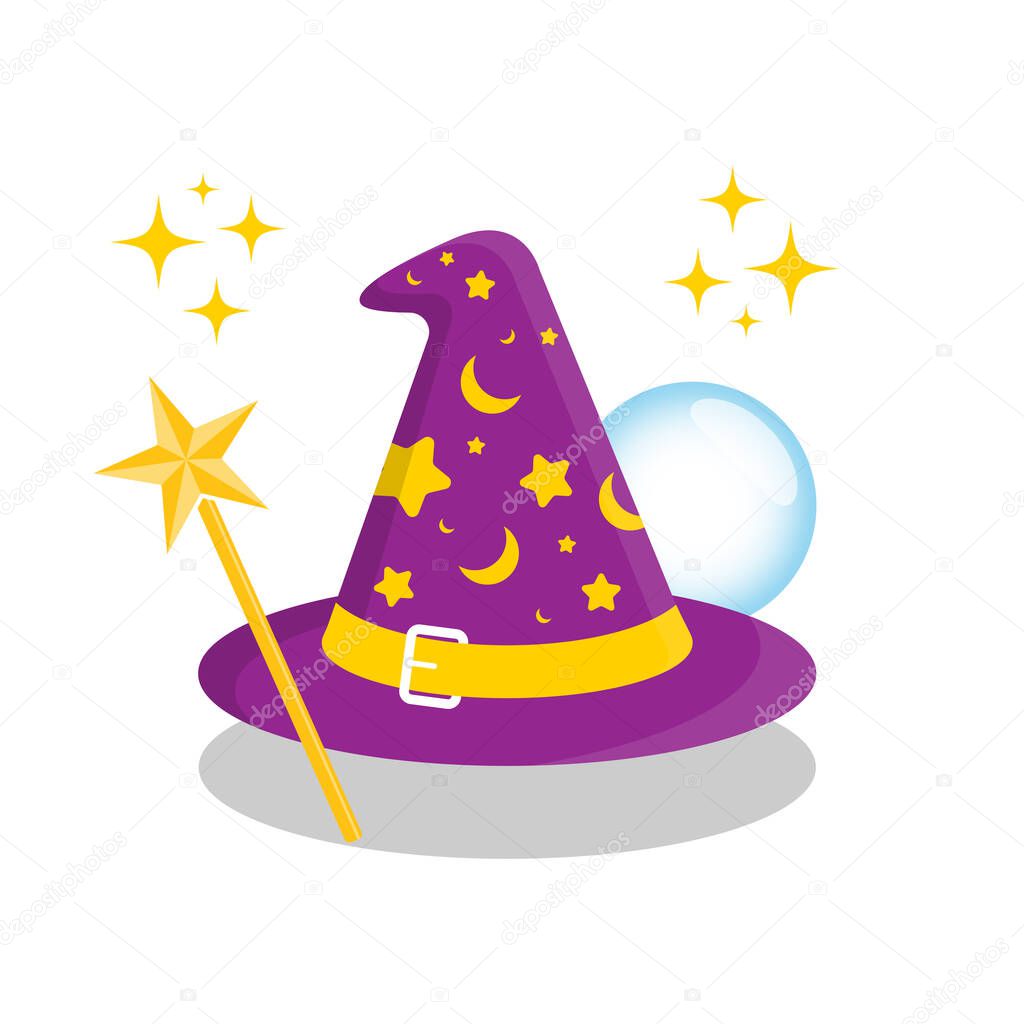 Wizard hat and magic glass ball wand