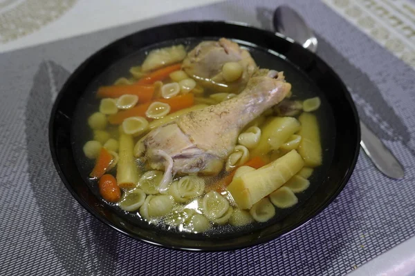 Chicken Soup Black Bowl — Stock Photo, Image