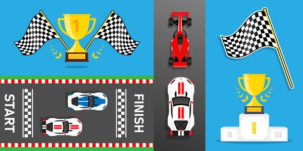 Racing Set Auty Trofej Pódium Závodní Vlajka — Stockový vektor