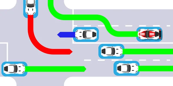 Autonomous Smart Car Goes Road Traffic Scans Road Observe Distance — Vetor de Stock