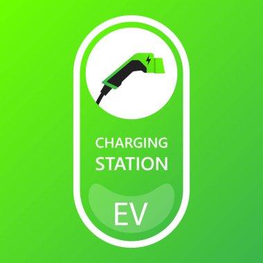Green eco electric fuel pump icon, Charging point station for hybrid vehicles cars sign