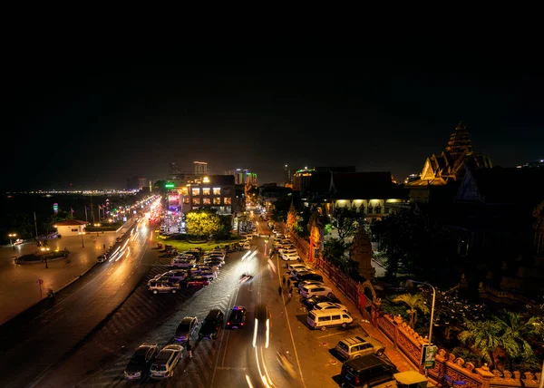 Riverside District Downtown Street Central Phnom Penh City Cambodia Night — Foto Stock