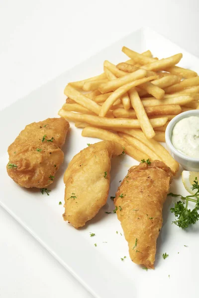 British Traditional Fish Chips Meal White Plate — Stock Photo, Image