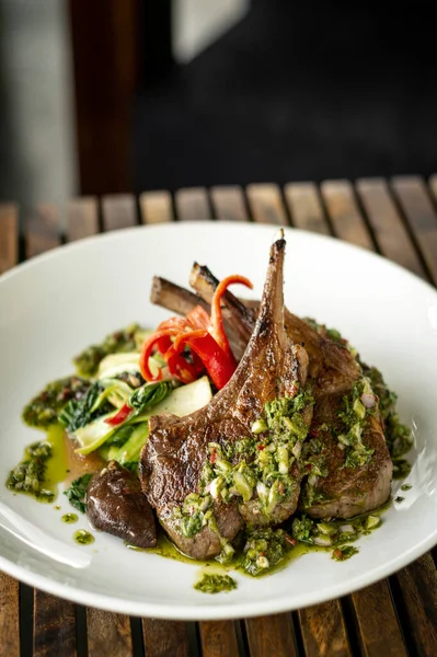 Grilled Organic Lamb Chops Meal Traditional Chimichurri Sauce Argentina — Stock Photo, Image