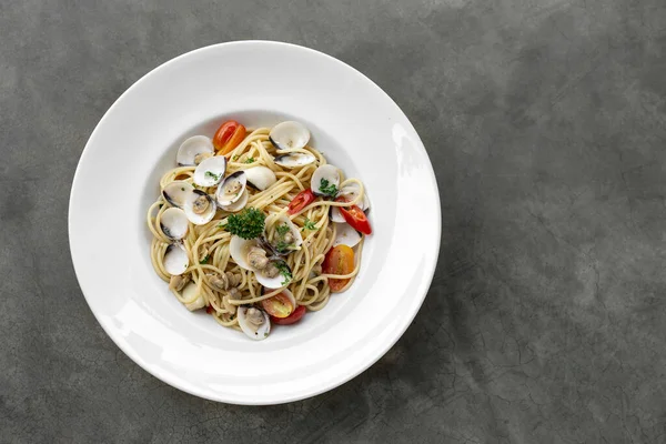 Spaghetti Alle Vongole Pasta Tradicional Italiana Mariscos Con Almejas Frescas — Foto de Stock