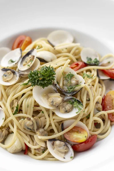 Espaguete Alle Vongole Tradicional Italiano Massas Frutos Mar Com Amêijoas — Fotografia de Stock