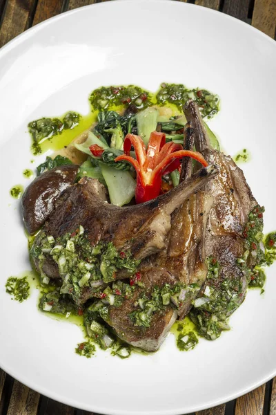 Grilled Organic Lamb Chops Meal Traditional Chimichurri Sauce Argentina — Stock Photo, Image