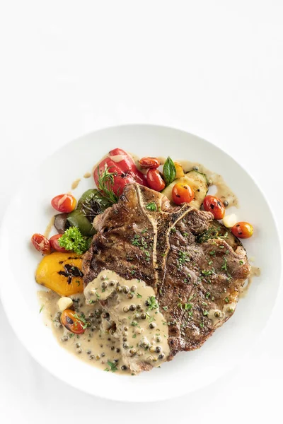 Grilled Bone Steak Peppercorn Sauce Vegetables White Background — Stock Fotó