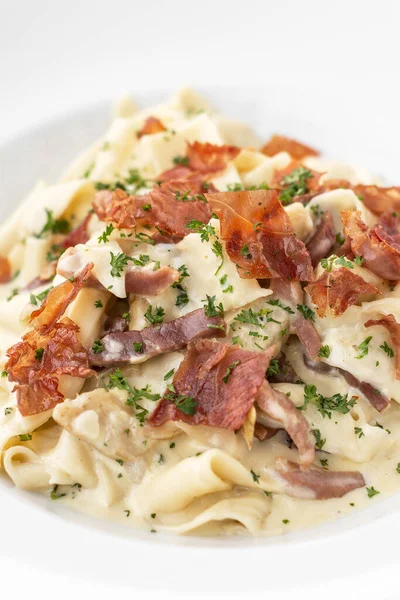 Creamy Parma Ham Prosciutto Fresh Pasta Mushrooms Closeup — Stock Photo, Image