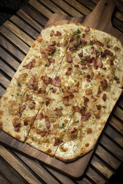 Flammkuchen Tarte Flambee Rectangular Pizza Bacon Chicken Wood Table Background — Stock Photo, Image