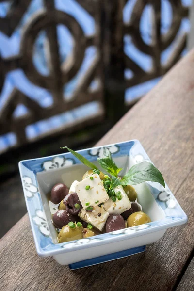 Marinated Spanish Olives Feta Cheese Tapas Rustic Barcelona Restaurant — Fotografia de Stock