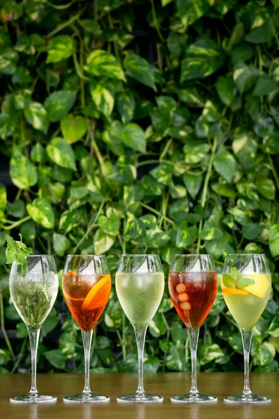 Mixed Spritzer Wine Cocktails Selection Fruit Outdoor Bar Table — Foto de Stock