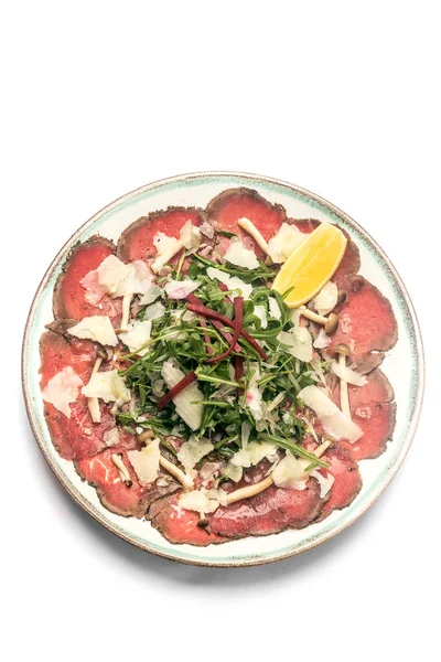 Beef Carpaccio Salad Parmesan Cheese White Background — Stock Photo, Image