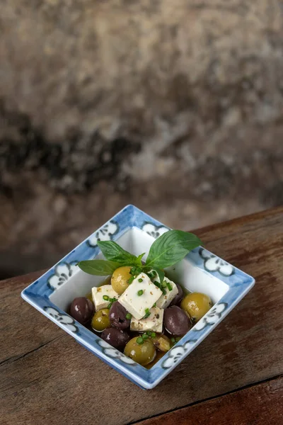 Marinated Spanish Olives Feta Cheese Tapas Rustic Barcelona Restaurant — Foto de Stock