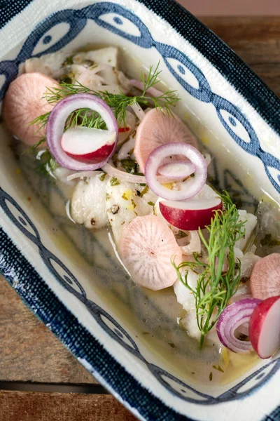 Ceviche Marinated Raw Fish Salad Vegetables — Stock Photo, Image