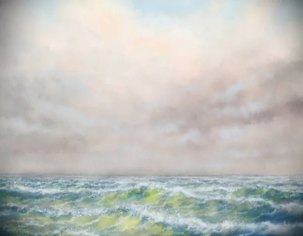 油絵の風景 海の霧の朝 嵐の海と空 — ストック写真