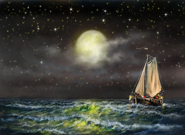 Pinturas Óleo Digitais Paisagem Mar Barco Pesca Navio Velho Céu — Fotografia de Stock