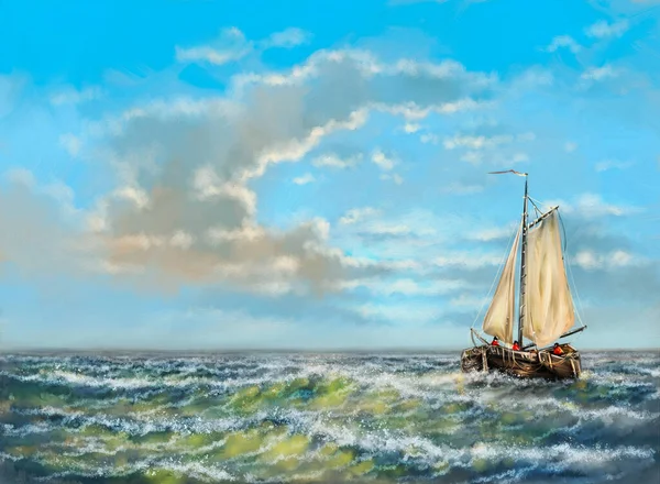 Digital Oil Paintings Landscape Sailing Boat Sea — Stock Photo, Image