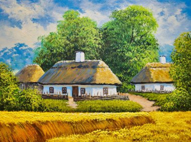 Petrol resimleri, kırsal alan, eski köy, köy manzarası. Güzel sanatlar, kırsalda eski bir çiftlik evi.