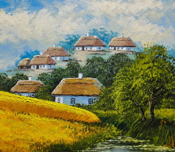 油絵農村風景 古い村 村の風景です 田舎の古い農家の美術品 — ストック写真